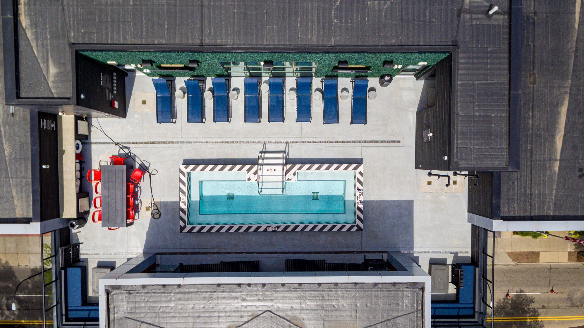 Ariel overview of Sloan Plaza's pool and terrace