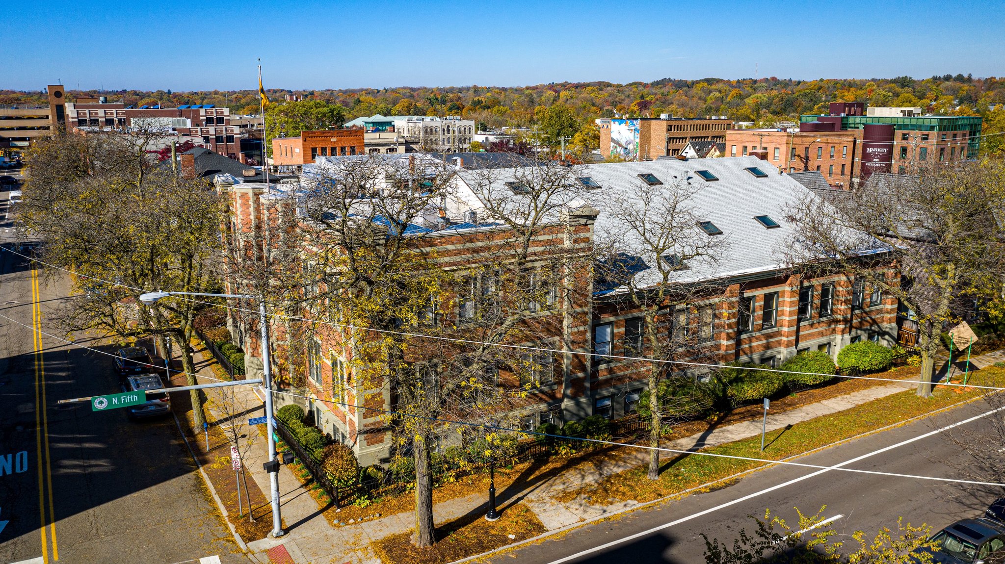 Aerial view of The Armory condos and downtown Ann Arbor